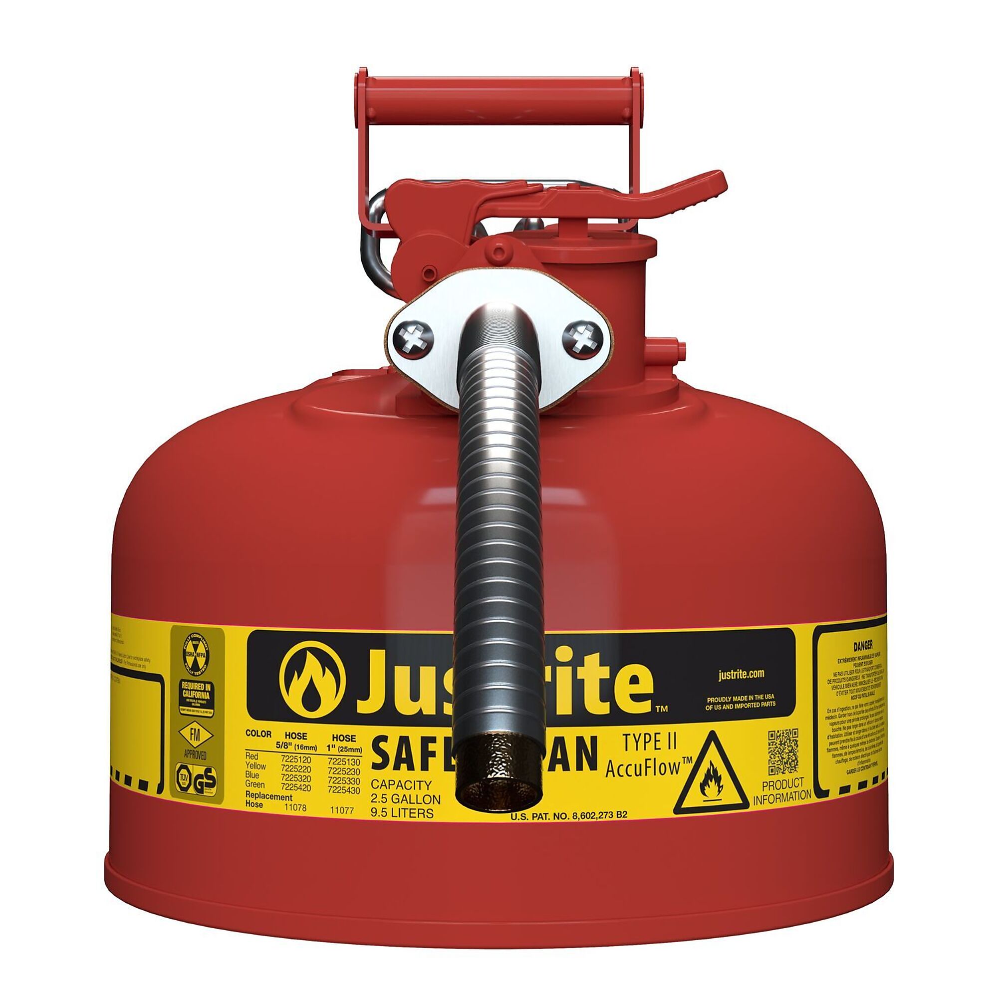 Type II AccuFlow„ Steel Safety Can for flammables, 2.5 gal., S/S flame arrester, 1" metal hose, Red.